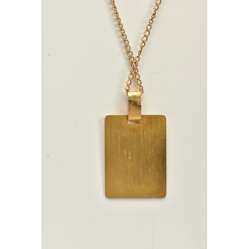 7 - A 9CT GOLD PENDANT NECKLACE, the rectangular panel pendant depicting a nude lady, plain polished bai... 