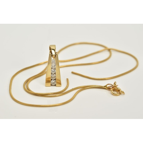 73 - A 9CT GOLD DIAMOND PENDANT NECKLACE, the pendant designed with a row of graduated channel set round ... 