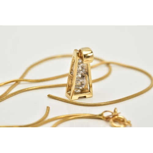 73 - A 9CT GOLD DIAMOND PENDANT NECKLACE, the pendant designed with a row of graduated channel set round ... 