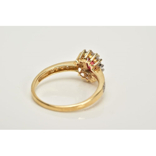 76 - A 9CT GOLD RUBY AND SAPPHIRE CLUSTER RING, designed with a central oval cut ruby within a circular c... 