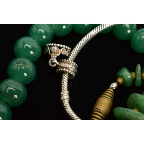 8 - A PANDORA CHARM BRACELET, NECKLACE AND BEADED NECKLACES,  a Pandora snake bracelet suspending a sing... 