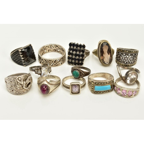 80 - A SELECTION OF WHITE METAL RINGS, to include thirteen rings of various designs such as a rectangular... 