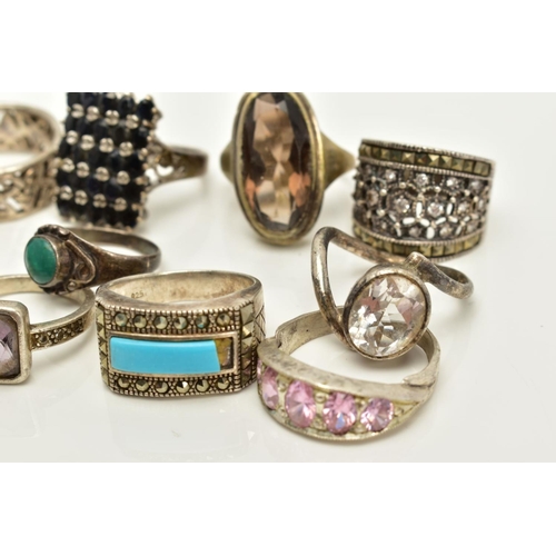 80 - A SELECTION OF WHITE METAL RINGS, to include thirteen rings of various designs such as a rectangular... 