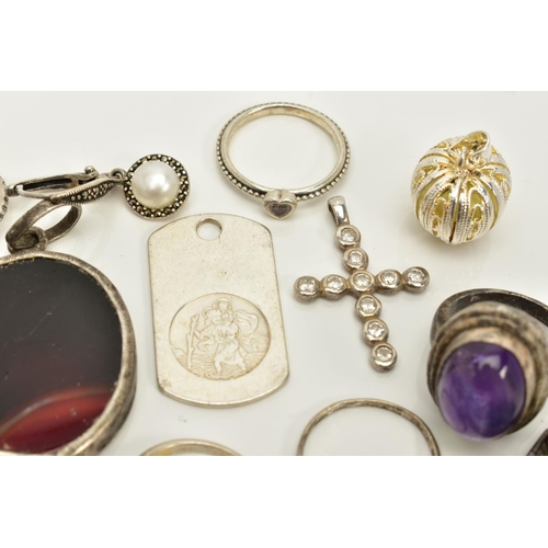 82 - A SELECTION OF JEWELLERY, to include seven pendants such as a rectangular St.Christopher pendant, a ... 