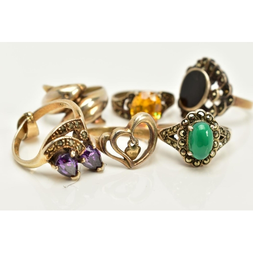 83 - A SELECTION OF SIX RINGS, to include an onyx and marcasite cluster ring, Sheffield import mark, ring... 