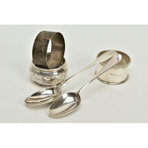 87 - A SMALL QUANTITY OF SILVER ITEMS, to include three silver napkin rings, such as a foliage engraving ... 