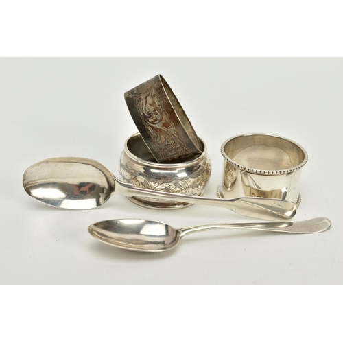 87 - A SMALL QUANTITY OF SILVER ITEMS, to include three silver napkin rings, such as a foliage engraving ... 