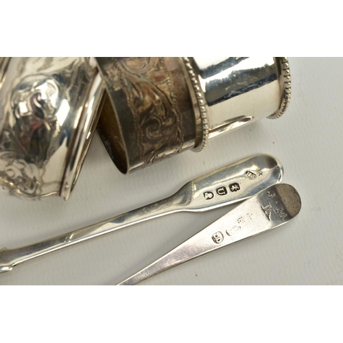 87 - A SMALL QUANTITY OF SILVER ITEMS, to include three silver napkin rings, such as a foliage engraving ... 