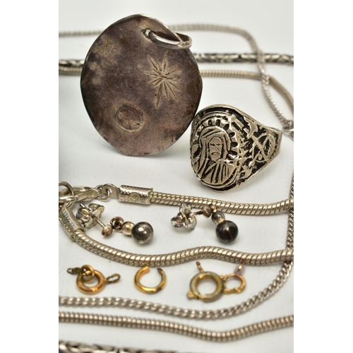 89 - A SELECTION OF JEWELLERY, to include a white metal curb link chain, suspending a silver Celtic folia... 