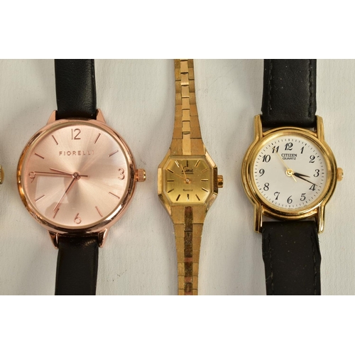 98 - FIVE WRISTWATCHES, to include a ladies 'florelli' rose coloured dial, Arabic and baton markers, rose... 