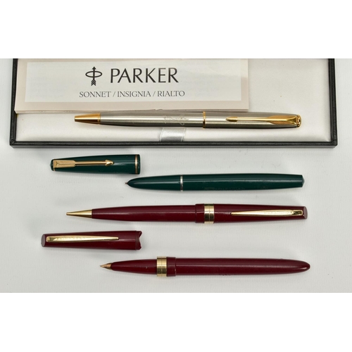 6 - A SELECTION OF PENS, to include a cased parker sonnet stainless steel gold trim ballpoint pen, a par... 