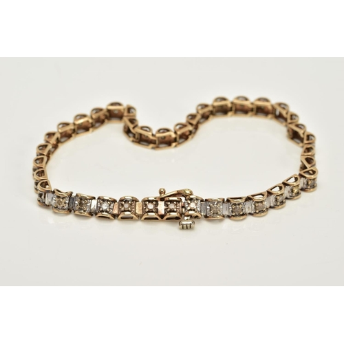 60 - A 9CT GOLD DIAMOND TENNIS BRACELET, designed with thirty-eight barrel shape links each set with a ti... 