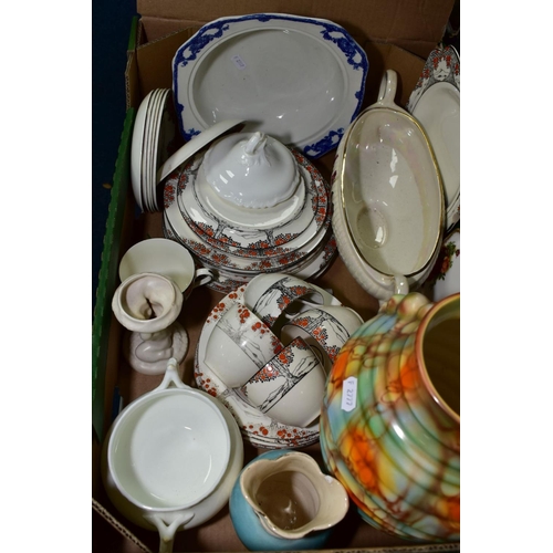 610 - TWO BOXES OF CERAMICS AND GLASS, to include Crown Ducal 1211 orange tree pattern tea/dinner wares (a... 