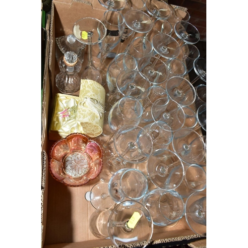 610 - TWO BOXES OF CERAMICS AND GLASS, to include Crown Ducal 1211 orange tree pattern tea/dinner wares (a... 