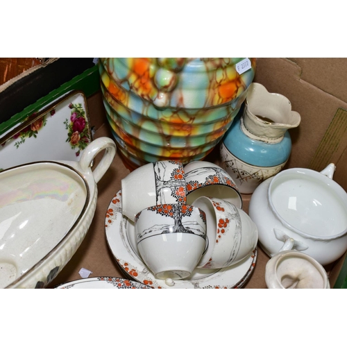 610 - TWO BOXES OF CERAMICS AND GLASS, to include Crown Ducal 1211 orange tree pattern tea/dinner wares (a... 