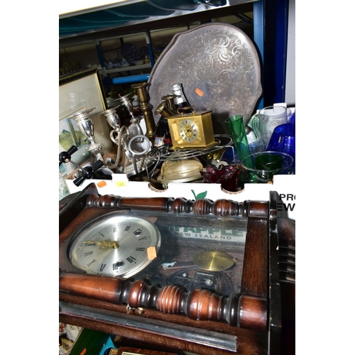 619 - FOUR BOXES AND LOOSE SUNDRY ITEMS ETC, to include a Viners plated candelabra Swiza overwound alarm c... 