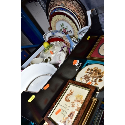 619 - FOUR BOXES AND LOOSE SUNDRY ITEMS ETC, to include a Viners plated candelabra Swiza overwound alarm c... 