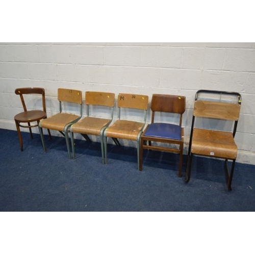 1363 - A SET OF THREE INDUSTRIAL CHAIRS, with plywood seat and back (s.d.), two metal framed chairs and two... 