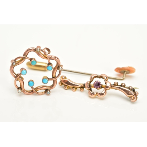 30 - THREE BROOCHES to include an early twentieth century rose gold turquoise and seed pearl wreath style... 