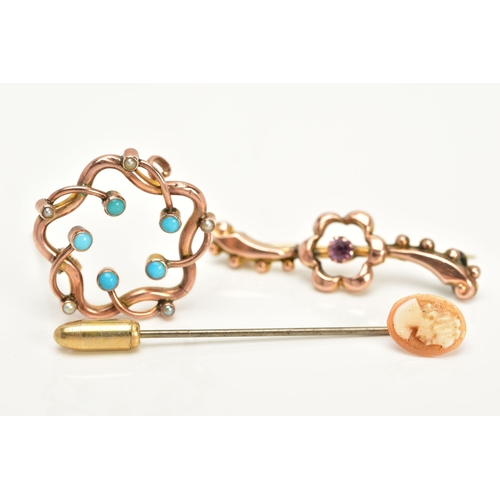 30 - THREE BROOCHES to include an early twentieth century rose gold turquoise and seed pearl wreath style... 