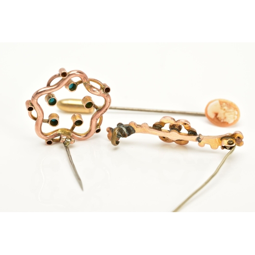 30 - THREE BROOCHES to include an early twentieth century rose gold turquoise and seed pearl wreath style... 