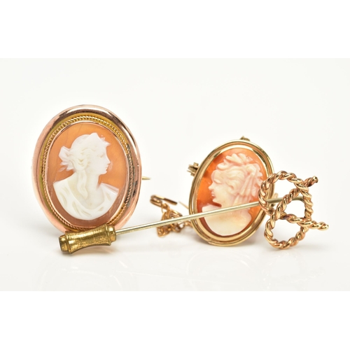 31 - THREE BROOCHES to include two gold cameo brooches depicting maidens in profile, one hallmarked impor... 