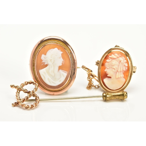 31 - THREE BROOCHES to include two gold cameo brooches depicting maidens in profile, one hallmarked impor... 