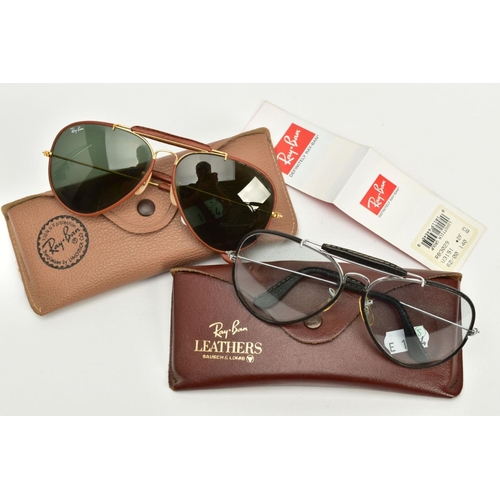 139 - TWO PAIRS OF RAY-BAN OUTDOORSMAN SUNGLASSES, the first with black tinted glass, brown leather frame,... 