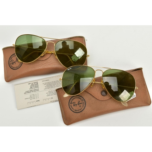 138 - TWO PAIRS OF RAY-BAN SUNGLASSES, two pairs of aviator style glasses, green tinted glass with yellow ... 