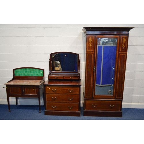 1352 - AN EDWARDIAN MAHOGANY AND INLAID FOUR PIECE BEDROOM SUITE, comprising a single bevelled mirror door ... 