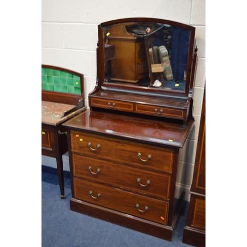 1352 - AN EDWARDIAN MAHOGANY AND INLAID FOUR PIECE BEDROOM SUITE, comprising a single bevelled mirror door ... 