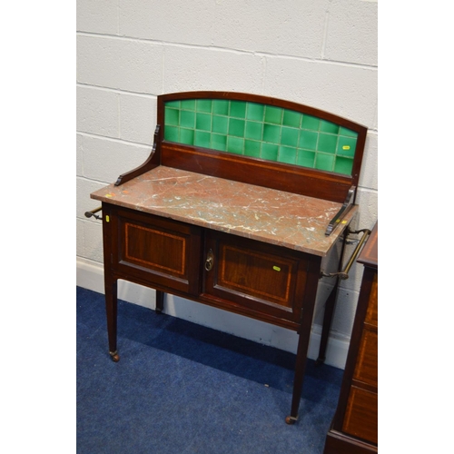 1352 - AN EDWARDIAN MAHOGANY AND INLAID FOUR PIECE BEDROOM SUITE, comprising a single bevelled mirror door ... 