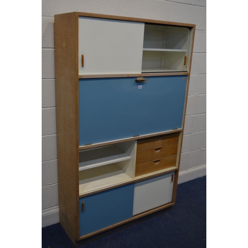 1354 - FRANK GUILLE FOR KANDYA KITCHEN CABINETS, white and light blue painted wood, with a central fall fro... 