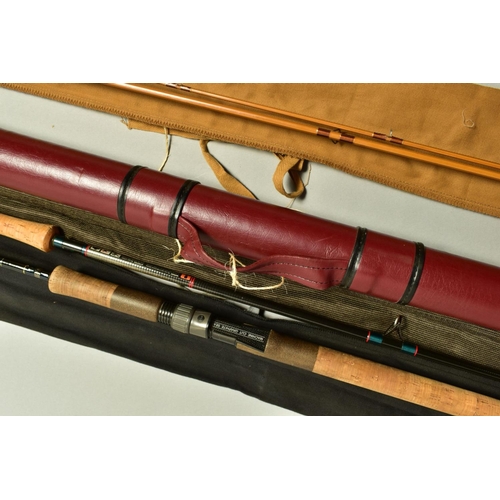 THREE DAIWA FISHING RODS, comprising a Whisker Kevlar Salmon Spin 9' two  piece rod, (WTS-9S) in bran