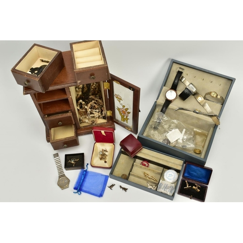 101 - A SELECTION OF ITEMS, to include a wooden four drawer and glass door jewellery box, a blue jewellery... 