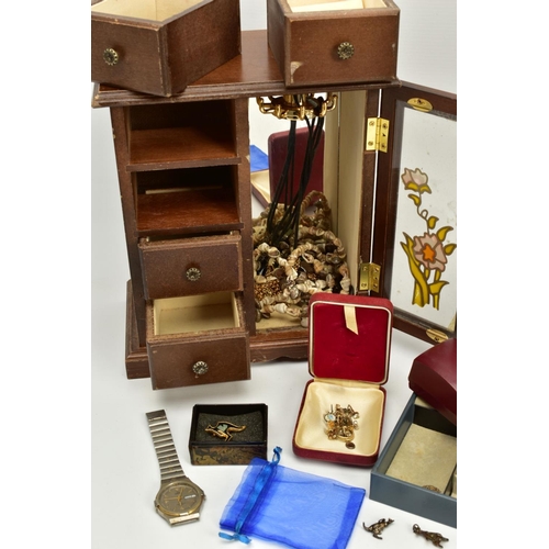 101 - A SELECTION OF ITEMS, to include a wooden four drawer and glass door jewellery box, a blue jewellery... 