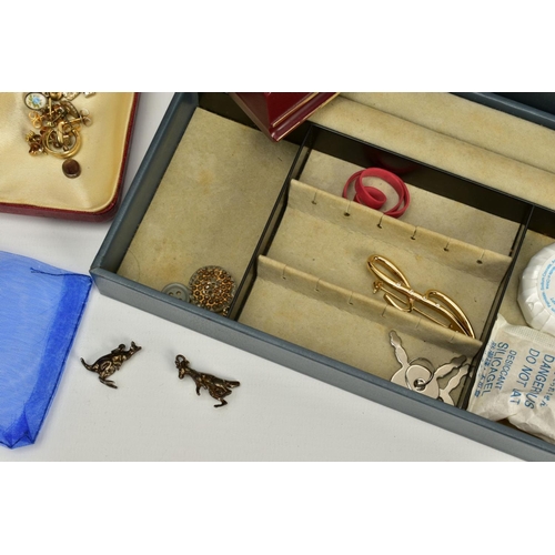 101 - A SELECTION OF ITEMS, to include a wooden four drawer and glass door jewellery box, a blue jewellery... 