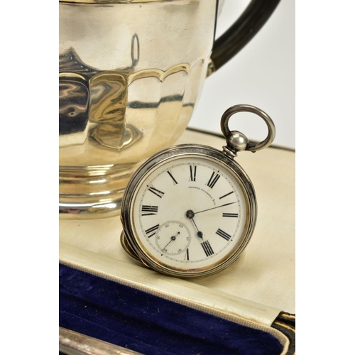 102 - A SILVER OPENFACED POCKET WATCH, TEAPOT, SUGAR BOWL, MILK JUG AND CASED KNIVES, the pocket watch wit... 