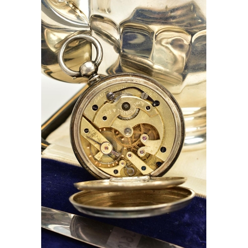 102 - A SILVER OPENFACED POCKET WATCH, TEAPOT, SUGAR BOWL, MILK JUG AND CASED KNIVES, the pocket watch wit... 