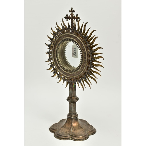 103 - A LATE 19TH/EARLY 20TH CENTURY ECCLESIASTICAL SILVER PLATED AND GILT METAL MONSTRANCE, radiating sun... 