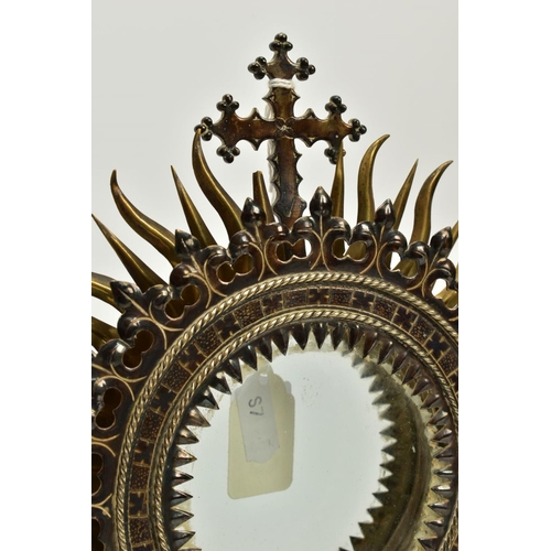 103 - A LATE 19TH/EARLY 20TH CENTURY ECCLESIASTICAL SILVER PLATED AND GILT METAL MONSTRANCE, radiating sun... 