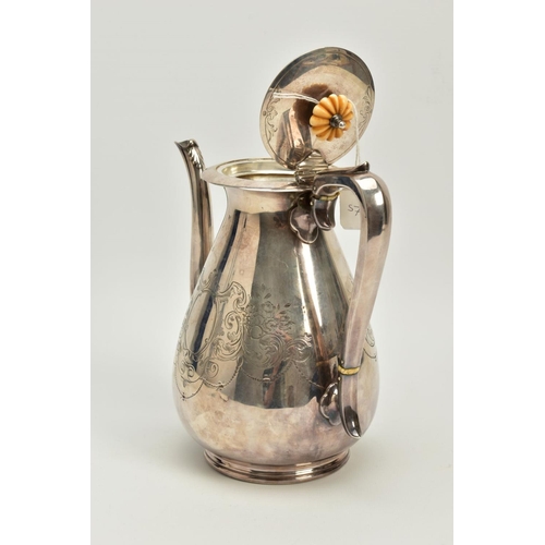 104 - A VICTORIAN SILVER PLATED COFFEE POT, of baluster form, engraving to the belly, shell design to the ... 