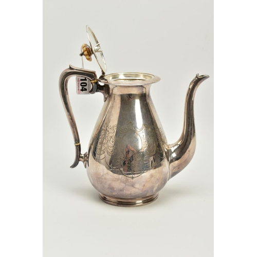 104 - A VICTORIAN SILVER PLATED COFFEE POT, of baluster form, engraving to the belly, shell design to the ... 