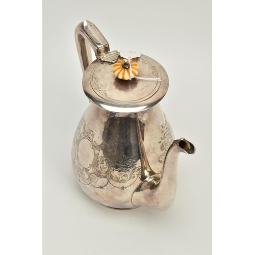 104 - A VICTORIAN SILVER PLATED COFFEE POT, of baluster form, engraving to the belly, shell design to the ... 