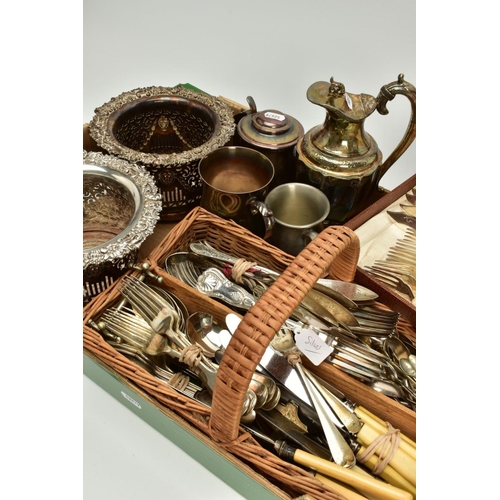 106 - A SELECTION OF METALWARE, to include an EP water pitcher, a white metal lidded beer jug, engraved 'J... 