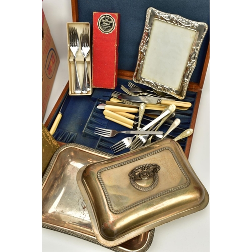 107 - A SELECTION OF METALWARE, to include a white metal lidded entree dish, a pewter beer jug with pipe f... 