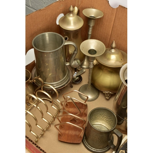 107 - A SELECTION OF METALWARE, to include a white metal lidded entree dish, a pewter beer jug with pipe f... 