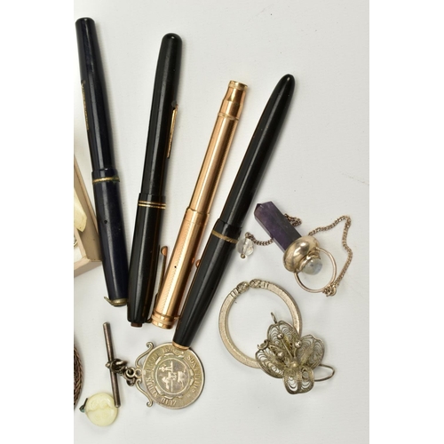 111 - A SELECTION OF ITEMS, to include four fountain pens, such as a gold filled parker, a navy coloured w... 