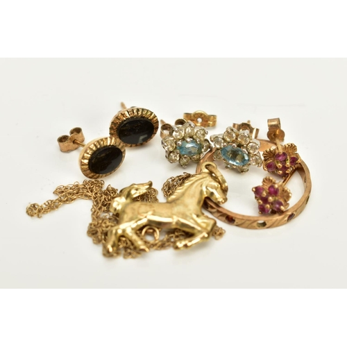 113 - A SMALL QUANTITY OF JEWELLERY, to include a pendant necklace, in the form of a horse, hallmarked 9ct... 