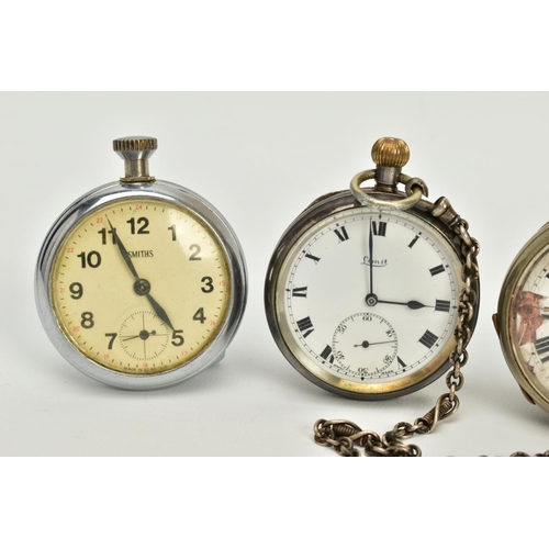 116 - FOUR OPEN FACED POCKET WATCHES AND ALBERT CHAIN, to include a silver 'Limit', white dial, roman nume... 